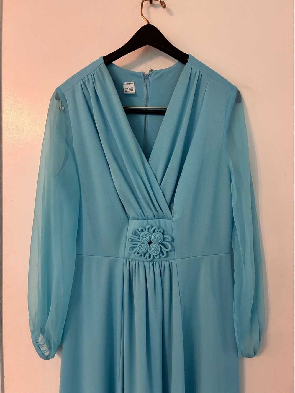 Vintage 70s Aqua Blue Chiffon Maxi Dress Sheer Sleeve Medium